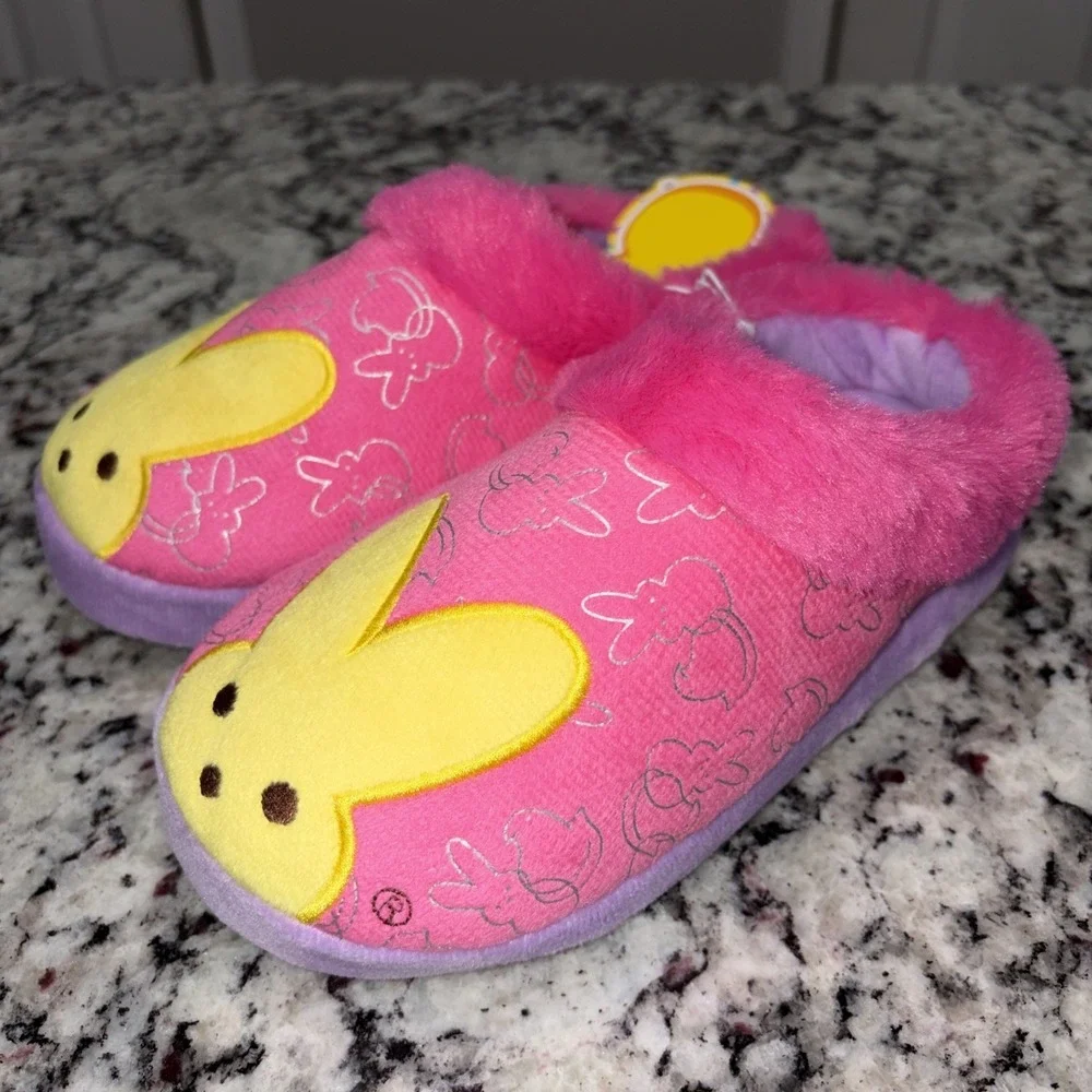 Peeps Slippers‎ Girls Size 13-1 Pink Yellow Slip On Faux Fur Lined Plush Shoes